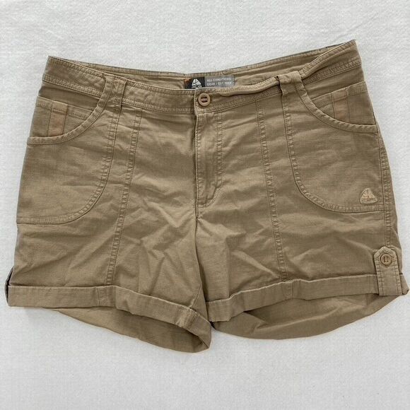 Nike ACG Womens Size 14 Brown‎ Stretch Fabric Chino Shorts Mid Rise Roll Up Logo - Picture 1 of 9
